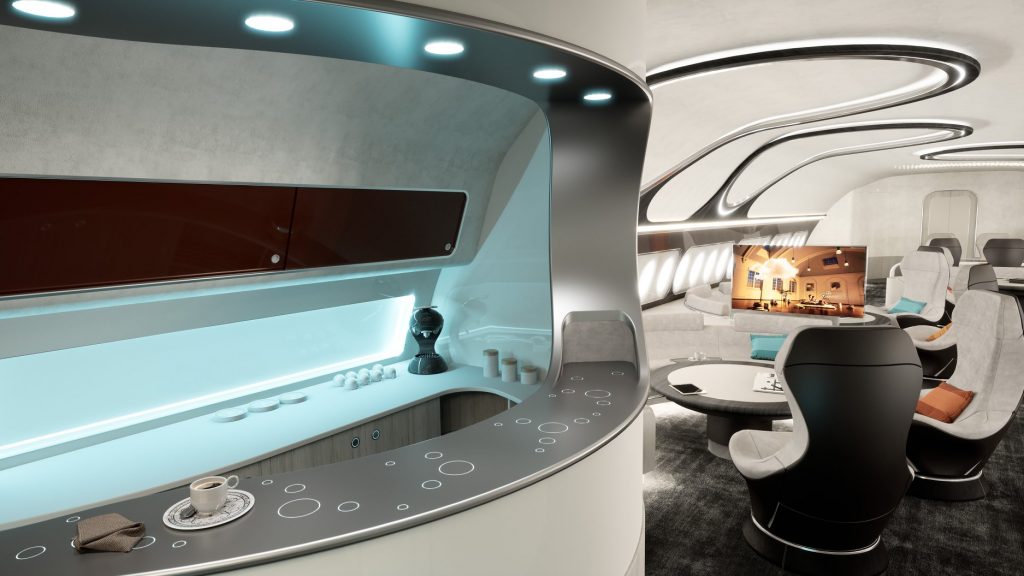 Дизайнът и разположението на елементите в бизнес кабината наподобява мостика на Star Trek Enterprise