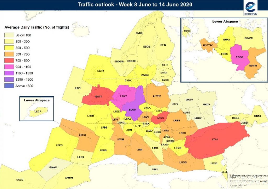 Очаквано ниво на въздушния трафик в Европа за 8-14 юни 2020. Източник: Юроконтрол