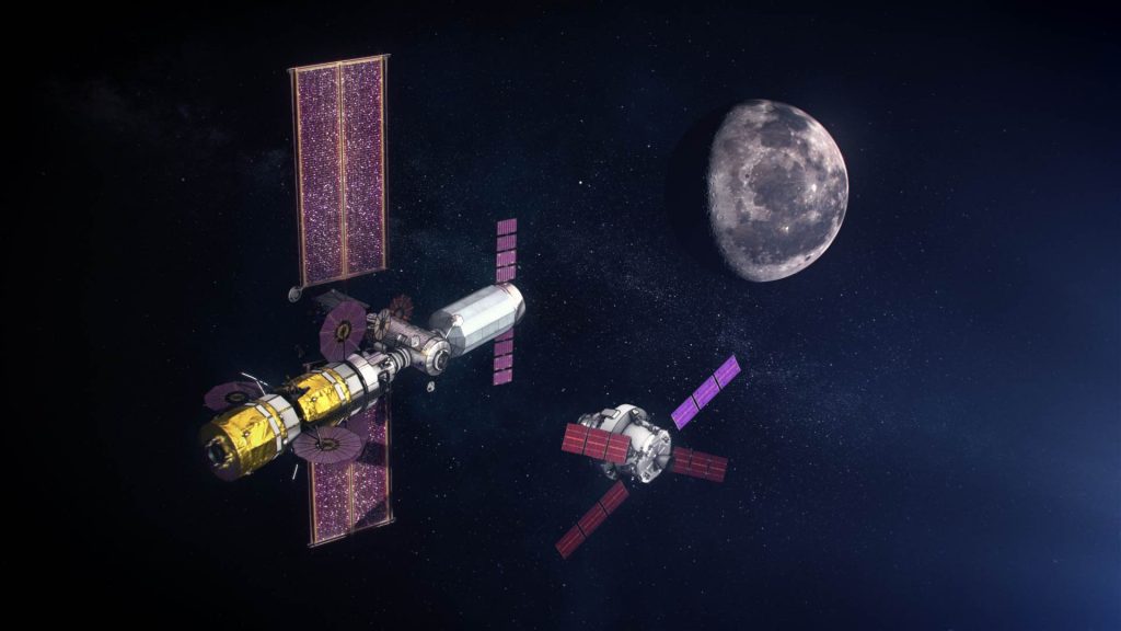 Концептуална трафика на мини-орбиталната станция Gateway, която трябва да бъде разположена в лунна орбита, заедно с пилотираната капсула Орион преди скачване