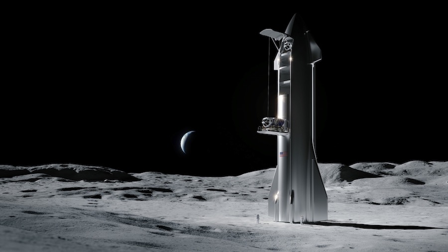 Концептуална графика на лунния кораб на SpaceX на лунната повърхност. На снимката горе: Лунният апарат на Blue Origin с модула за изстрелване към орбита и астронавти на лунната повърхност. Графика: Blue Origin